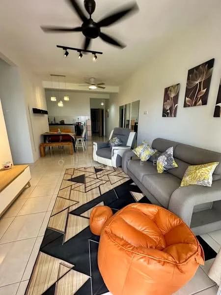 Living features: 3-seater fabric sofa in grey, recliner chair in white, orange bean bag chair, coffee table, area rug with geometric pattern, ceiling fan with 5 blades, recessed LED downlights, wall-mounted artwork, dining table in background, tile flooring; style: modern.