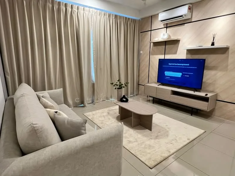 Living features: 3-seater fabric sofa in light beige, coffee table with rounded edges, TV console in light wood finish, wall-mounted TV, area rug in neutral color, floor-to-ceiling curtains in light fabric, air conditioning unit mounted on wall, decorative plant in pot, wood panel accent wall, recessed lighting; style: modern.