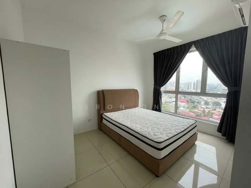 Bedroom features: queen-size bed with mattress, floor-to-ceiling windows, blackout curtains, white painted walls, glossy tile flooring, ceiling fan, built-in wardrobe, city view; style: modern; view: city.