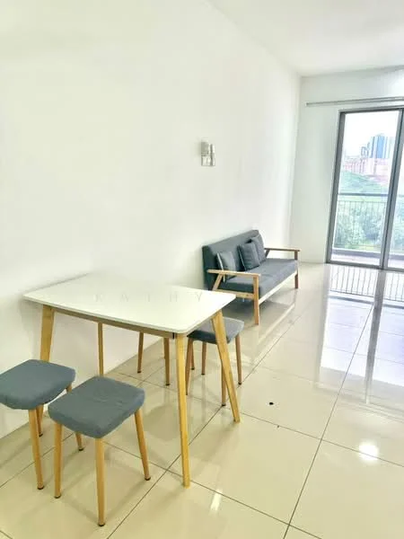Dining features: white painted walls, glossy ceramic tile flooring, rectangular dining table with white top, wooden legs on dining table, two grey upholstered stools, grey fabric sofa, wooden frame on sofa, floor-to-ceiling window, city view from window, natural light from window; style: modern; view: city.