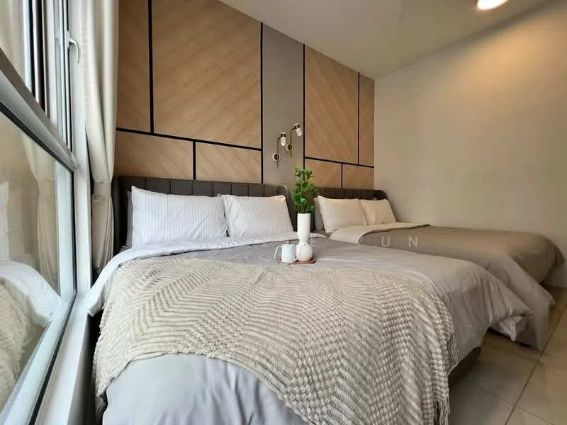 Bedroom features: two beds with grey upholstered headboards, white bedding with striped pattern, beige throw blanket, wood accent wall with geometric pattern, grey accent wall, two wall-mounted reading lights, large window with sheer curtains, ceramic tile flooring, decorative plant on bedside table, small white tray on bed; style: modern.