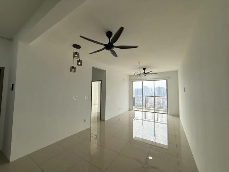 Living features: white painted walls, glossy beige tile flooring, 5-blade ceiling fan with light, chandelier, floor-to-ceiling windows, sliding glass door, balcony access, city view; style: modern; view: city.