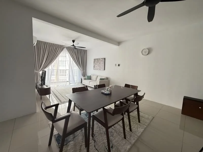 Dining features: 6-seater dining table, wooden dining chairs, area rug with geometric pattern, pendant light, white painted walls, polished tile flooring, ceiling fan, large windows with sheer curtains; style: modern; view: city. Living features: sofa, coffee table, TV console, wall-mounted TV, white painted walls, polished tile flooring, ceiling fan, large windows with sheer curtains; style: modern; view: city.