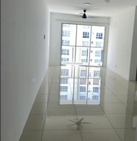 Room features: white painted walls, glossy tile flooring, 5-blade ceiling fan, floor-to-ceiling windows, natural light, reflected view of exterior buildings; style: modern; view: city.