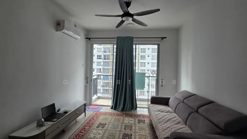 Living features: 3-seater fabric sofa in grey, coffee table, floor-to-ceiling windows, sliding glass door, curtains in light blue, 1 wall-mounted split AC, ceiling fan, area rug with geometric pattern, TV console, wall-mounted TV; style: modern; view: city.