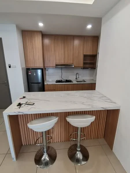 Kitchen features: marble countertop, wood cabinetry, stainless-steel fridge, built-in gas stove, stainless-steel sink, chrome pull-down faucet, bar seating with two stools, tile flooring, recessed downlights; style: modern.