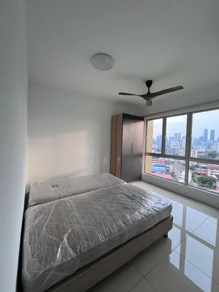 Bedroom features: two single beds with mattresses wrapped in plastic, floor-to-ceiling windows, city skyline view, white painted walls, glossy tile flooring, ceiling fan, built-in wardrobe, natural light from windows; style: modern; view: city.
