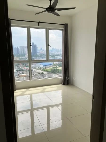 Room features: floor-to-ceiling windows, grey curtains, white painted walls, polished ceramic tile flooring, ceiling fan, city view; style: modern; view: city.