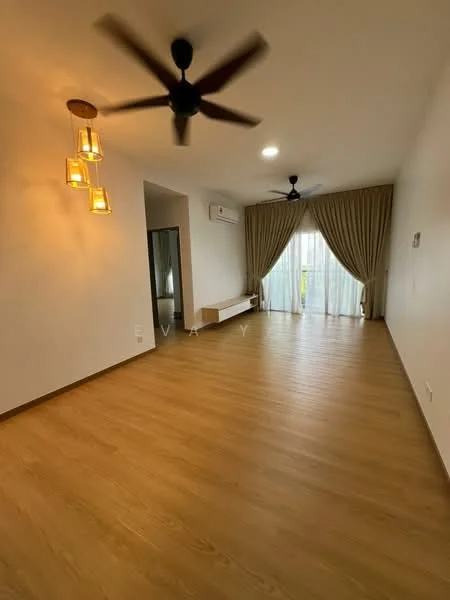 Living features: wooden flooring, 5-blade ceiling fan with light, recessed downlights, large sliding glass door, floor-to-ceiling curtains, neutral painted walls, wall-mounted air conditioning unit, decorative pendant lighting, built-in wall shelf; style: modern; view: garden.