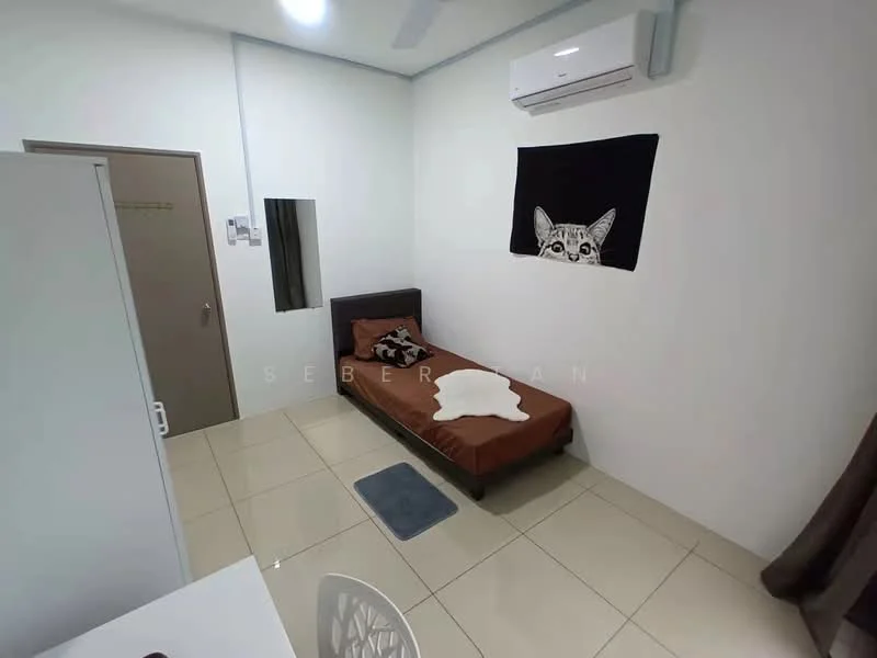 Bedroom features: single bed with brown bedding, white walls, cream tiled flooring, wall-mounted split AC, window with brown curtains, framed artwork with a cat design, small area rug, built-in wardrobe, desk and chair; style: modern.