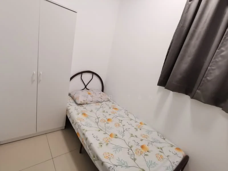 Bedroom features: single bed with floral bedding, white painted walls, grey curtains, built-in wardrobe with sliding doors, tile flooring, window with natural light; style: minimalist.