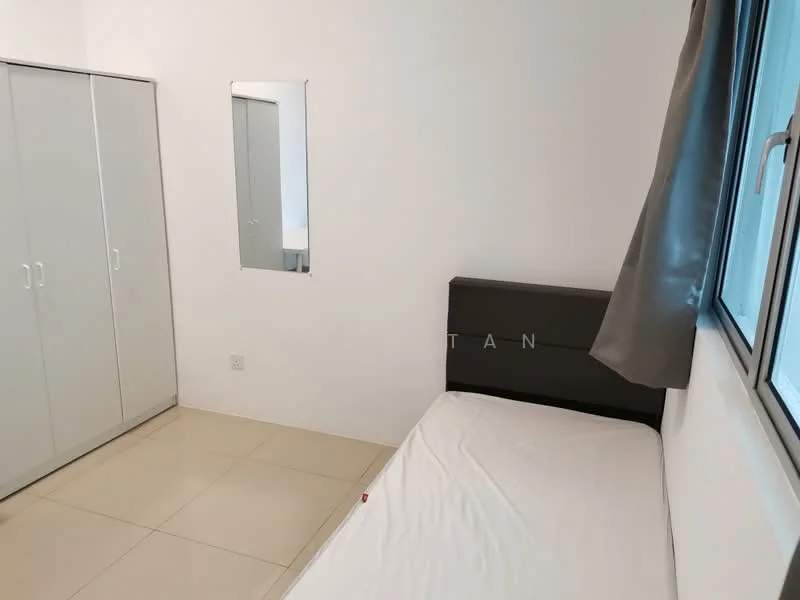 Bedroom features: white painted walls, glossy tile flooring, single bed frame, built-in wardrobe with sliding doors, mirror on wall, window with grey curtains; style: modern.