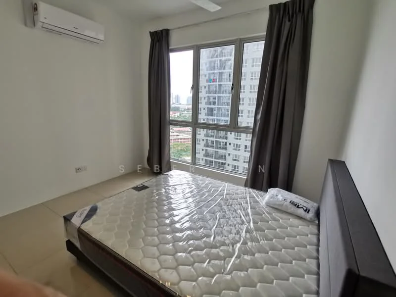 Bedroom features: queen-size bed with mattress, floor-to-ceiling window, grey curtains, 1 wall-mounted split AC, light-colored painted walls, tile flooring, ceiling fan, decorative wall, view of city skyline; style: modern; view: city.