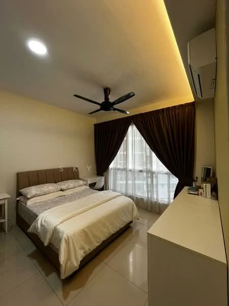 Bedroom features: king-size bed with upholstered headboard, white bedding, 2 bedside tables, floor-to-ceiling windows, sheer curtains, dark brown blackout curtains, 5-blade ceiling fan, wall-mounted air conditioning unit, white dresser, tile flooring, recessed ceiling lights, decorative wall with 'SKY' text; style: modern.