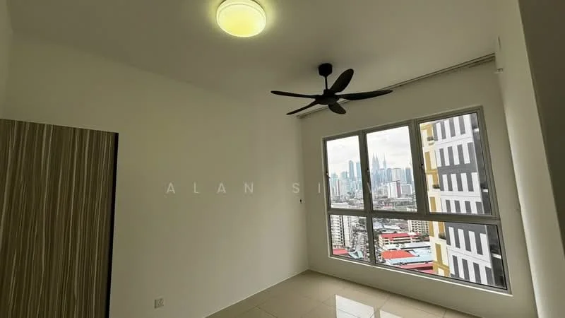 Room features: white painted walls, glossy tile flooring, 5-blade ceiling fan, floor-to-ceiling windows, city skyline view, natural light from windows, light fixture on ceiling; style: modern; view: city.