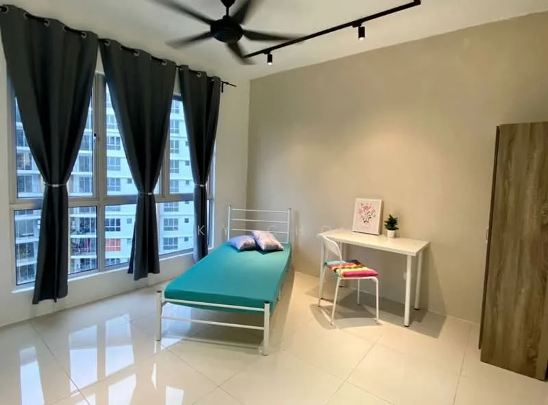 Bedroom features: single bed with turquoise mattress, white metal bed frame, floor-to-ceiling windows, grey curtains, white desk, decorative plant on desk, wooden wardrobe, polished ceramic tile flooring, recessed downlights, ceiling fan with light, neutral painted walls; style: modern; view: city.