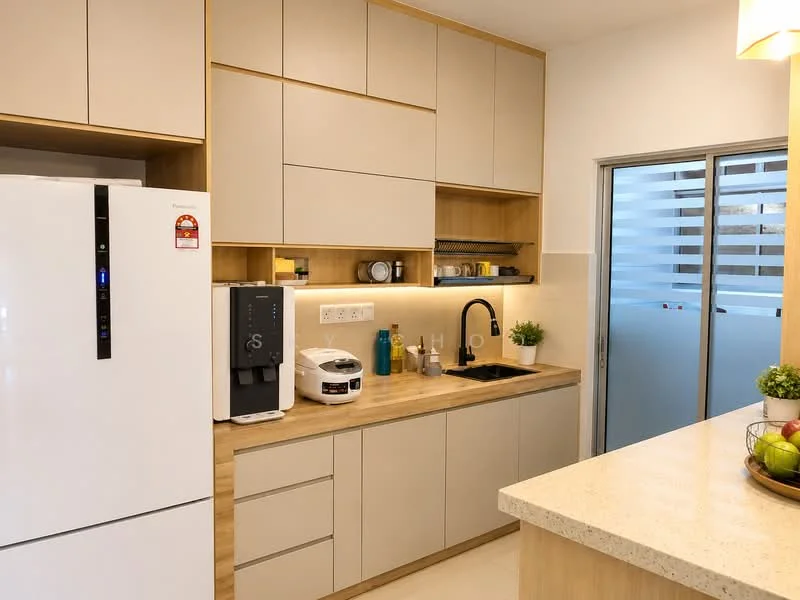 Kitchen features: white shaker cabinets, wooden countertop, stainless-steel fridge, built-in water dispenser, single-bowl black sink, chrome pull-down faucet, rice cooker, kitchen appliances on open shelving, recessed LED downlights, sliding glass door, decorative plants; style: modern.