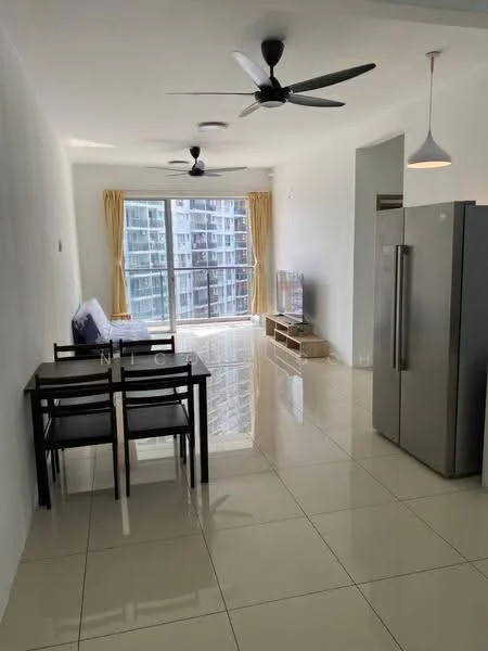 Living features: white painted walls, glossy ceramic tile flooring, 5-blade ceiling fan with light, floor-to-ceiling windows, sheer curtains, dining table for four, black dining chairs, stainless-steel fridge, open shelving unit, sofa, natural light from windows; style: modern; view: city.