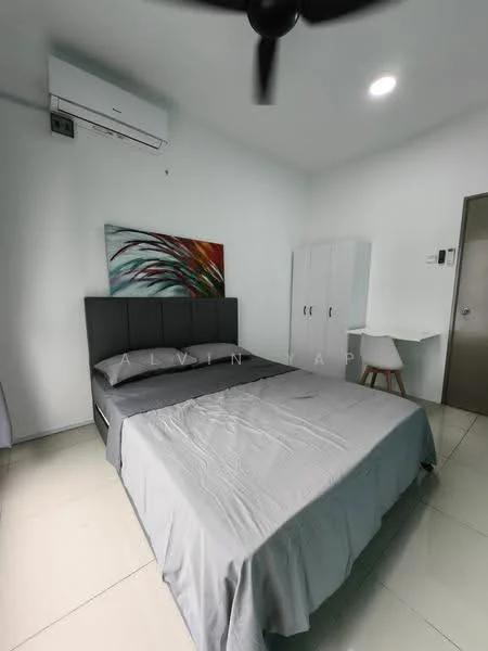 Bedroom features: king-size bed with grey bedding, upholstered headboard, white walls, ceiling fan, wall-mounted air conditioning unit, tile flooring, decorative artwork on wall, white wardrobe with two doors, study desk with chair, recessed lighting; style: modern.