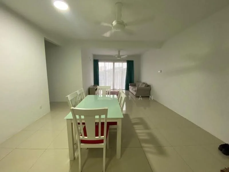 Dining features: white dining table, 4 white dining chairs with red cushions, tile flooring, white painted walls, 2 ceiling fans, large window with sheer curtains, green curtain drapes, sofa in living area visible in background; style: modern.