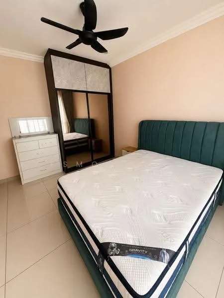Bedroom features: green upholstered bed, queen-size bed, mattress on bed, ceiling fan, built-in wardrobe with mirrored doors, white dresser with drawers, tan bedside table, cream painted walls, tile flooring, curtains, decorative crown moulding; style: modern.