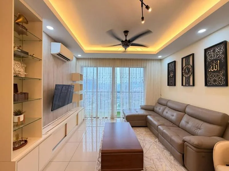 Living features: 3-seater leather sofa in grey, wood coffee table, wall-mounted TV, built-in shelving unit, floor-to-ceiling windows, sheer curtains, recessed LED downlights, ceiling fan with light, decorative wall art, light-coloured wall with wood paneling, marble tile flooring, crown moulding; style: modern; view: city.
