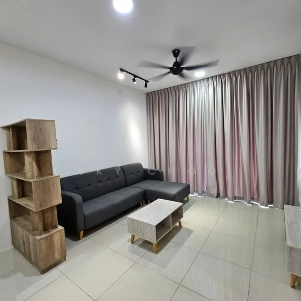Living features: 3-seater fabric sofa in grey, wooden coffee table, wooden bookshelf, floor-to-ceiling curtains in light pink, recessed LED downlights, ceiling fan, glossy tile flooring, white painted walls; style: modern.