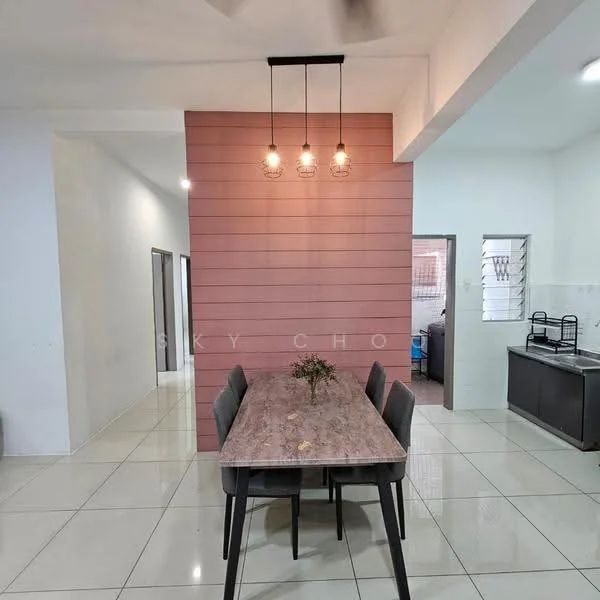 Dining features: rectangular dining table, 4 upholstered dining chairs, pendant lighting with three bulbs, pink accent wall with wood paneling, white painted walls, glossy white tile flooring, open layout to adjacent rooms, decorative centerpiece on table; style: modern. Room features: white painted walls, glossy white tile flooring, doorway leading to another room.
