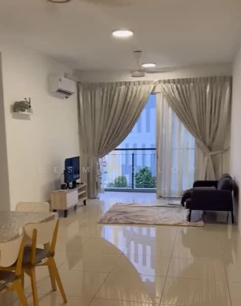 Living features: floor-to-ceiling windows, curtains, 3-blade ceiling fan, wall-mounted TV, TV console, sofa in dark color, area rug, glossy tile flooring, air conditioning unit, decorative wall shelf, dining table with chairs; style: modern; view: garden.