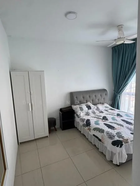 Bedroom features: queen-size bed with upholstered headboard, white bedding with floral pattern, 2 bedside tables, white wardrobe, floor-to-ceiling window with sheer curtains, ceiling fan, white painted walls, glossy tile flooring; style: modern; view: city.