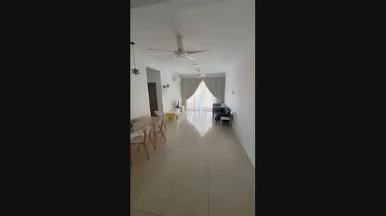 Living features: white painted walls, polished tile flooring, 5-blade ceiling fan with light, floor-to-ceiling windows, sheer curtains, sofa in dark color, coffee table, dining table with chairs, decorative wall art; style: modern.