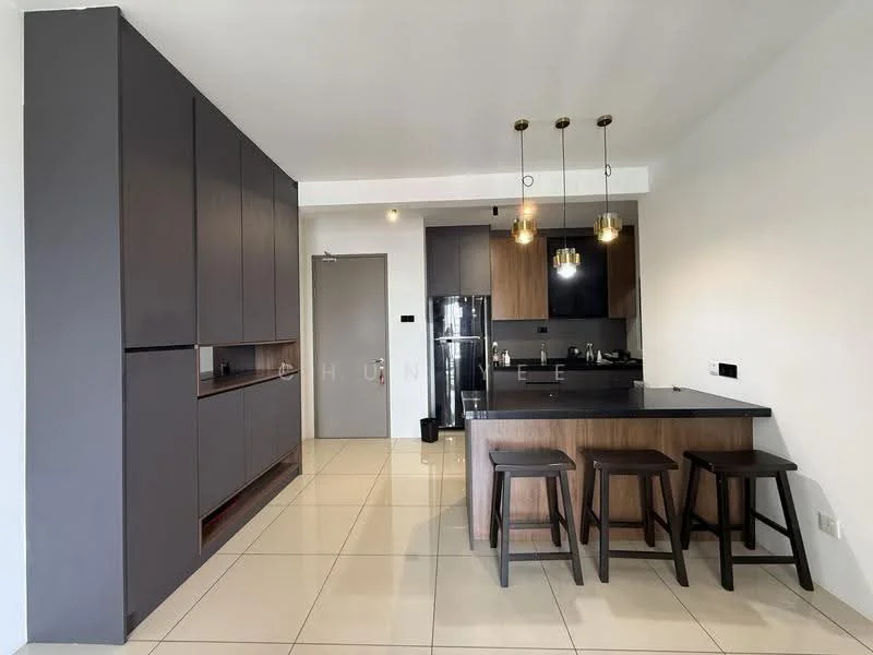 Kitchen features: black cabinetry, wooden cabinetry, black countertop, stainless-steel fridge, built-in oven, 4-burner gas hob, pendant lighting, bar seating with 3 stools, white tiled flooring, wall-mounted cabinets, open shelving; style: modern.