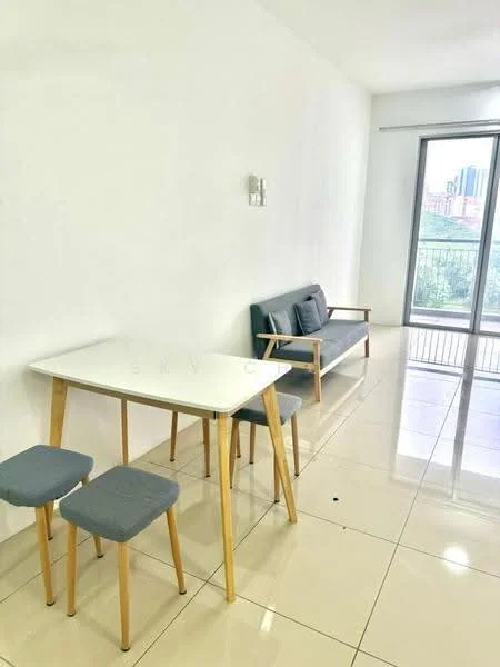 Dining features: white dining table with wooden legs, 2 grey upholstered stools, grey fabric sofa, floor-to-ceiling windows, white painted walls, glossy tile flooring, natural light from window, minimalist decor; style: modern; view: city.