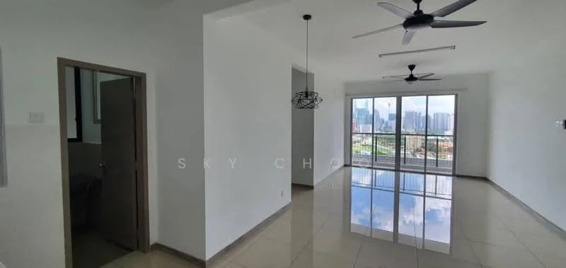 Living features: white painted walls, glossy tile flooring, 5-blade ceiling fan with light, large floor-to-ceiling windows, sliding glass door, city skyline view, recessed ceiling lights, open layout; style: modern; view: city. Room features: white painted walls, door leading to another room.