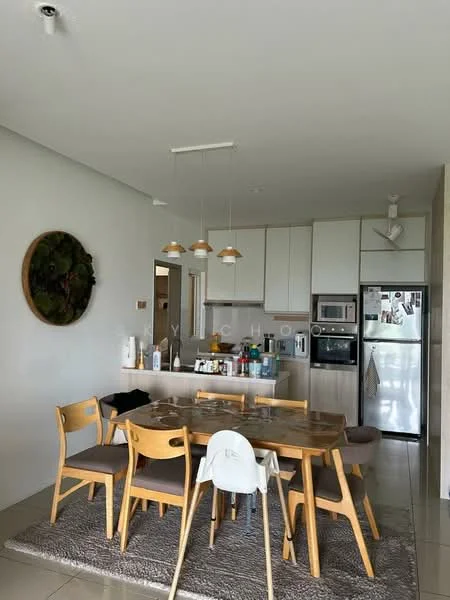 Kitchen features: white cabinetry, marble countertop, stainless-steel fridge, built-in oven, freestanding range oven, 4-burner gas hob, pendant lighting, dining table with wooden surface, 4 wooden dining chairs, area rug, wall-mounted shelf, decorative wall clock; style: modern.
