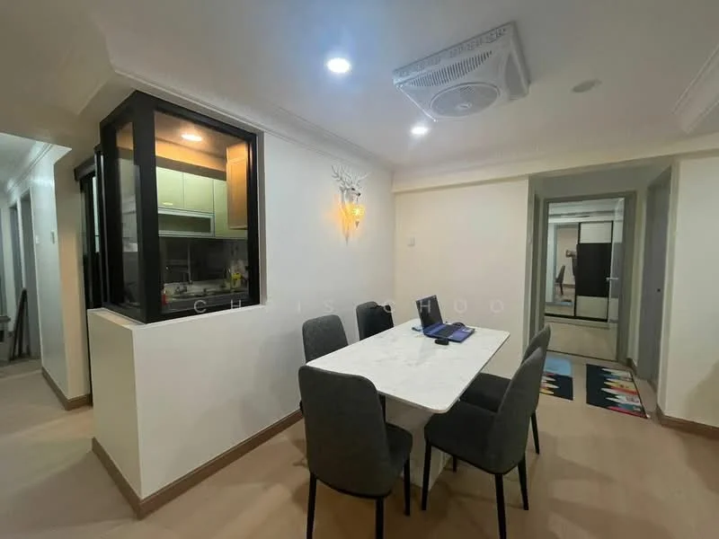 Dining features: marble dining table, 4 upholstered dining chairs, wall-mounted light fixture, light-colored walls, laminate flooring, ceiling-mounted air conditioning unit, open window to kitchen, decorative wall paneling; style: modern. Room features: light-colored walls, laminate flooring, doorway leading to hallway, doorway leading to another room.