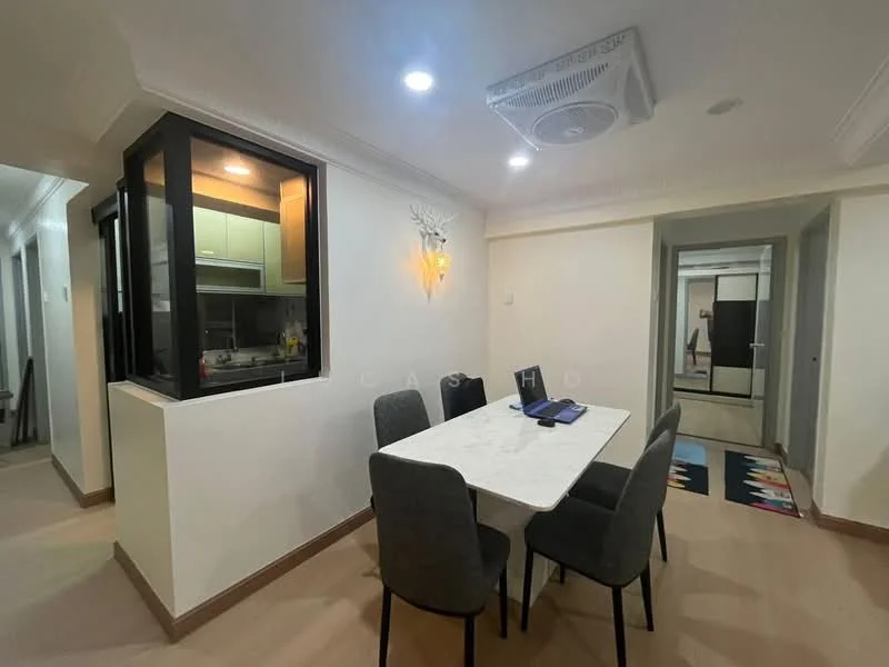 Dining features: marble dining table, 4 upholstered dining chairs, wall-mounted light fixture, open kitchen pass-through, light-colored walls, laminate flooring, ceiling-mounted air conditioning unit, decorative wall paneling; style: modern. Room features: light-colored walls, laminate flooring, doorway leading to another room.