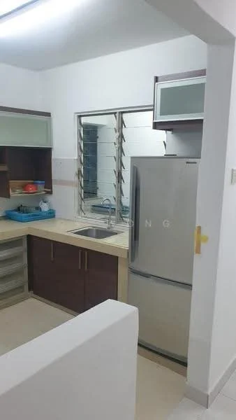 Kitchen features: single-bowl stainless-steel sink, chrome pull-down faucet, granite countertop, wood cabinetry in dark brown, glass-front upper cabinets, built-in refrigerator, tile backsplash, window with louvered design, ceramic tile flooring, under-cabinet lighting; style: modern.