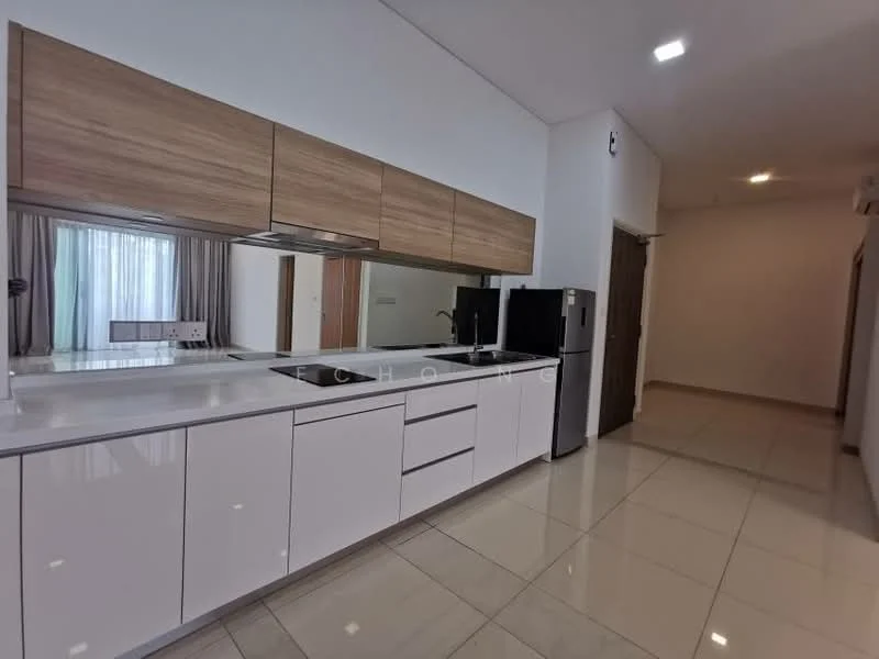Kitchen features: white cabinetry, wooden upper cabinets, stainless-steel range hood, built-in cooktop, built-in oven, double-bowl stainless-steel sink, chrome pull-down faucet, white quartz countertop, mirror backsplash, recessed downlights, tile flooring, floor-to-ceiling windows, curtains, open layout; style: modern.