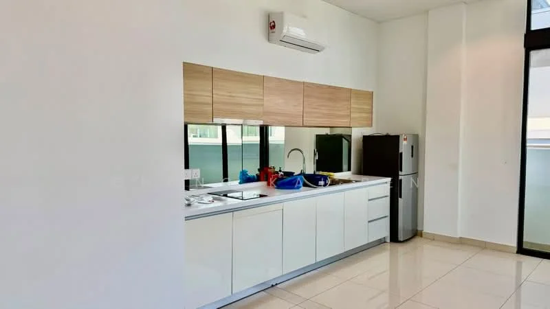 Kitchen features: white cabinetry, wooden upper cabinets, stainless-steel sink, chrome pull-down faucet, built-in stove, built-in oven, stainless-steel refrigerator, countertop with space for appliances, tile flooring, wall-mounted split AC, floor-to-ceiling windows; style: modern.
