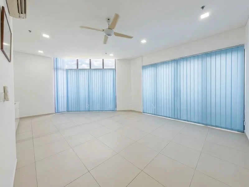 Living features: light-colored tiled flooring, white painted walls, 5-blade ceiling fan with light, floor-to-ceiling windows, blue vertical blinds, recessed downlights, air conditioning unit on wall; style: modern.