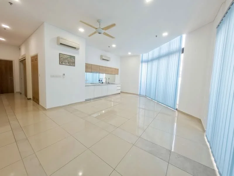 Living features: cream painted walls, glossy ceramic tile flooring, 5-blade ceiling fan with light, floor-to-ceiling windows, sheer curtains, built-in cabinetry, kitchenette with white cabinets, countertop with wood accents, recessed downlights; style: modern.