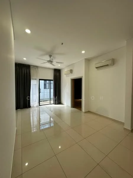 Living features: white painted walls, glossy beige tile flooring, 5-blade ceiling fan with light, recessed LED downlights, floor-to-ceiling windows, sliding glass door, sheer curtains, 1 wall-mounted split AC; style: modern.