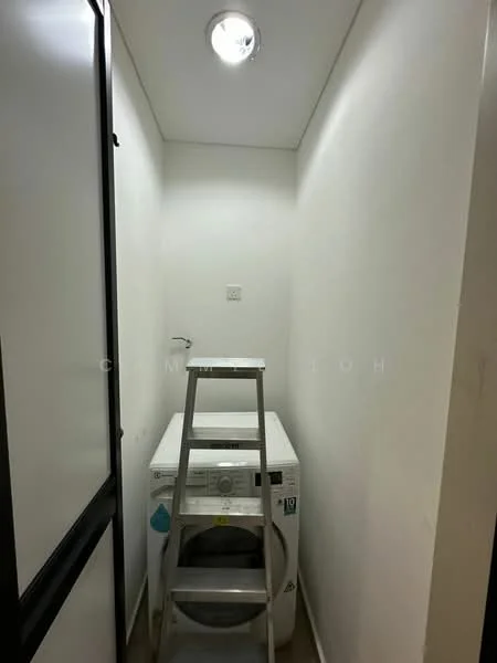 Laundry features: white walls, ceiling light, front-load washing machine, step ladder, plumbing connection, tile flooring.