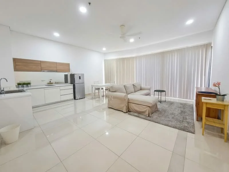 Living features: light-colored walls, white ceiling, recessed downlights, 5-blade ceiling fan, large sliding glass door, floor-to-ceiling windows with sheer curtains, light grey area rug, L-shape sectional sofa in light beige, coffee table, small side table, wooden console table, ceramic planter with decorative plant, tile flooring; style: modern. Kitchen features: white cabinetry, light wood upper cabinets, stainless-steel fridge, built-in oven, ceramic cooktop, white countertop, open shelving, sink with faucet; style: modern.