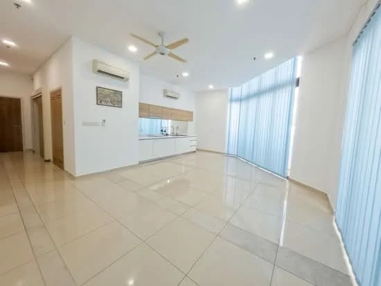 Living features: white painted walls, glossy beige tile flooring, 5-blade ceiling fan with light, 2 wall-mounted split AC units, floor-to-ceiling windows, sheer curtains, built-in cabinetry with wood finish, recessed downlights; style: modern.