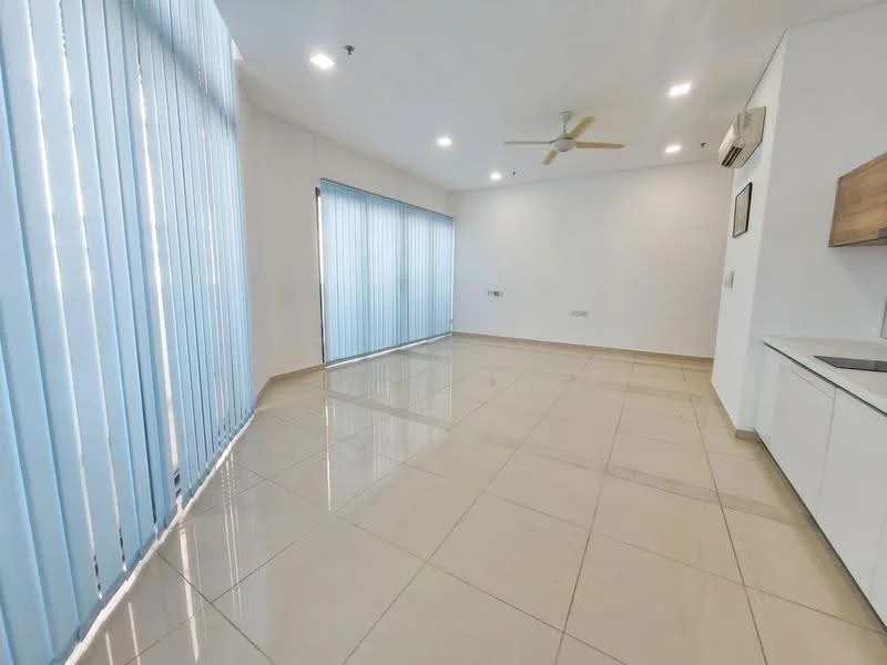 Living features: white painted walls, glossy tile flooring, 5-blade ceiling fan with light, floor-to-ceiling windows, vertical blinds, air conditioning unit, recessed downlights, open layout; style: modern.