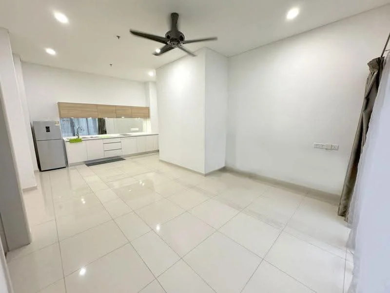 Living features: white painted walls, glossy ceramic tile flooring, 5-blade ceiling fan with light, recessed downlights, kitchen cabinetry with wood finish, stainless-steel fridge, open layout, large windows for natural light; style: modern.