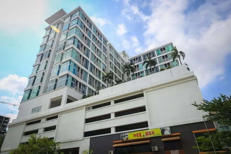Exterior type: mid-rise condominium; features: glass curtain wall, white painted facade, recessed balconies, approximately 8-storey, manicured landscaping, palm trees, commercial space at ground level, parking deck, feature lighting, modern architectural design; style: modern.