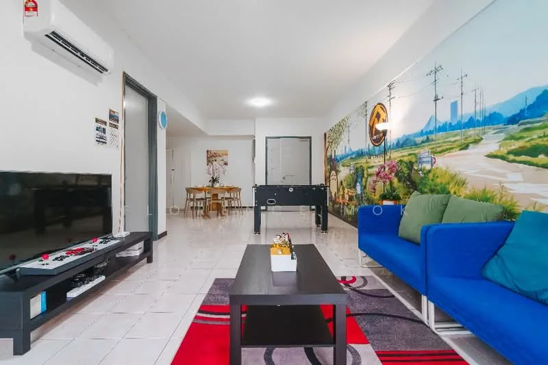Living features: blue fabric sofa, black coffee table, wall-mounted TV, TV console, area rug with geometric pattern, white tiled flooring, air conditioning unit, decorative wall mural, light fixture in ceiling, foosball table, dining area visible in background; style: modern.